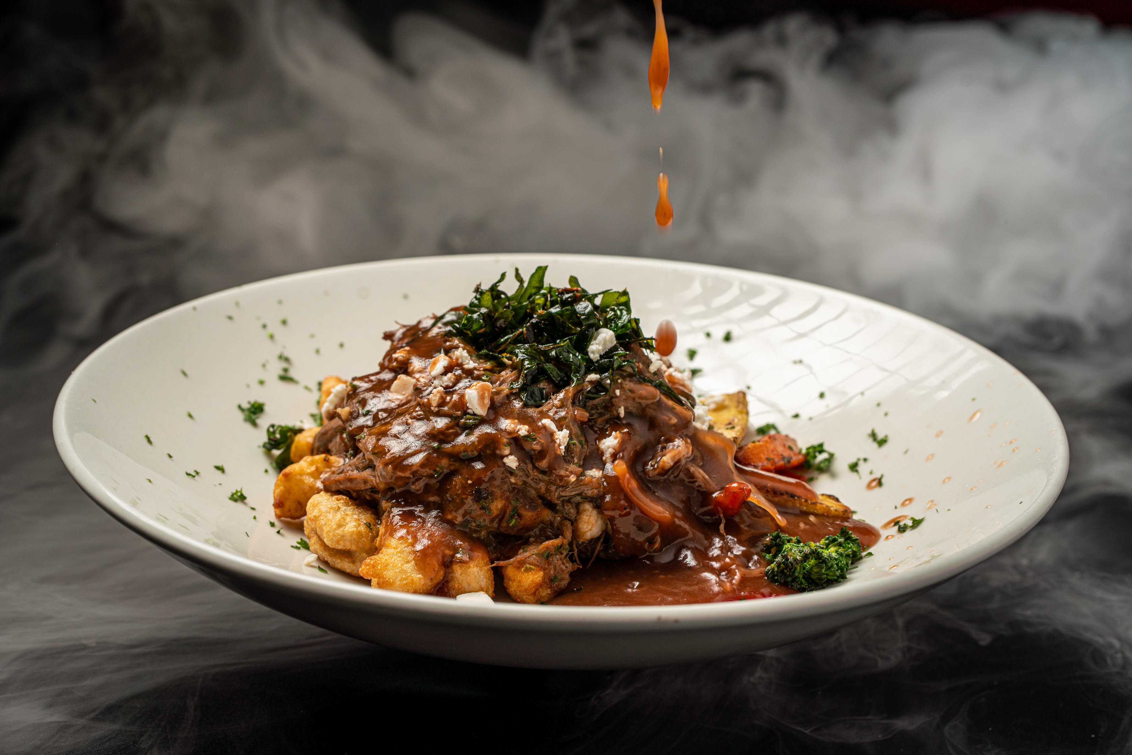 RED WINE PULLED SHORT RIB WITH DEEP FRIED GNOCCI